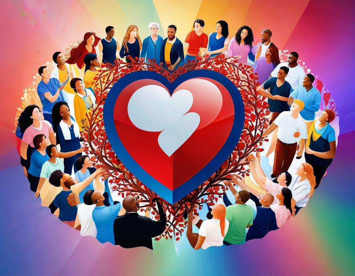 A heart symbol intertwined with a shield, representing love and protection, set against a backdrop of diverse people supporting each other through life’s challenges. Incorporate subtle symbols of policy documents and partnership agreements in the background, infused with warm colors that evoke unity and care. The imagery should evoke resilience and hope. vibrant colors. super-realistic.