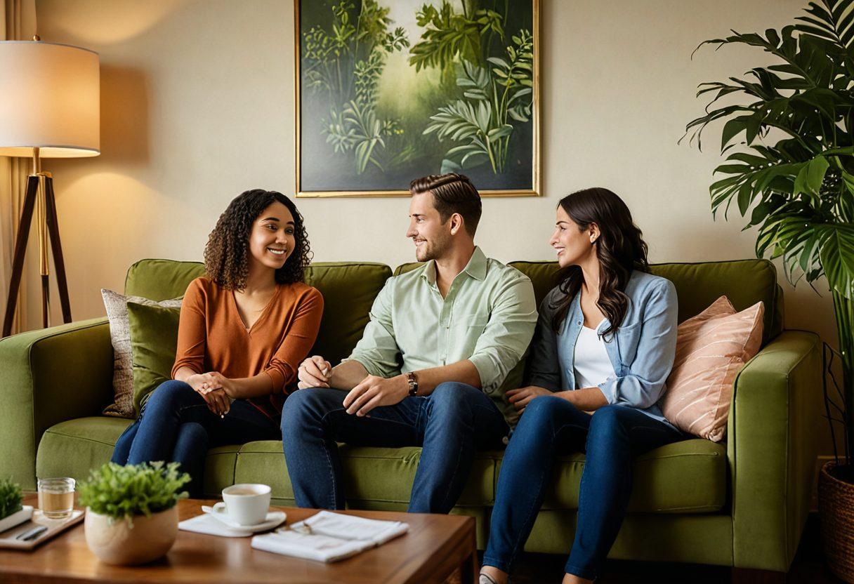 A harmonious scene depicting a couple sitting together, discussing finances in a cozy living room filled with warm lighting. In the background, a visual representation of financial safety nets like insurance policies and savings plans is blended with comforting elements like family photos and plants. The couple should appear relaxed and engaged, symbolizing the combination of financial protection and relationship wellness. soft focus. warm colors. cozy atmosphere.